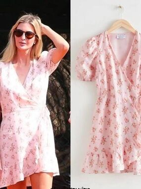 & other stories  floral wrap dress pink 100%  linen L XL 14 16